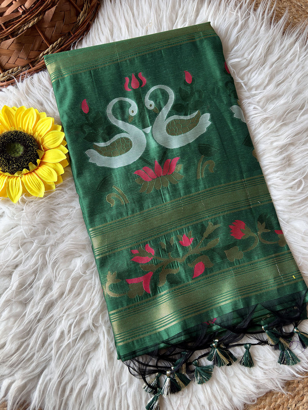Bottle Green Premium Soft Muga Cotton Swan Pattern Saree
