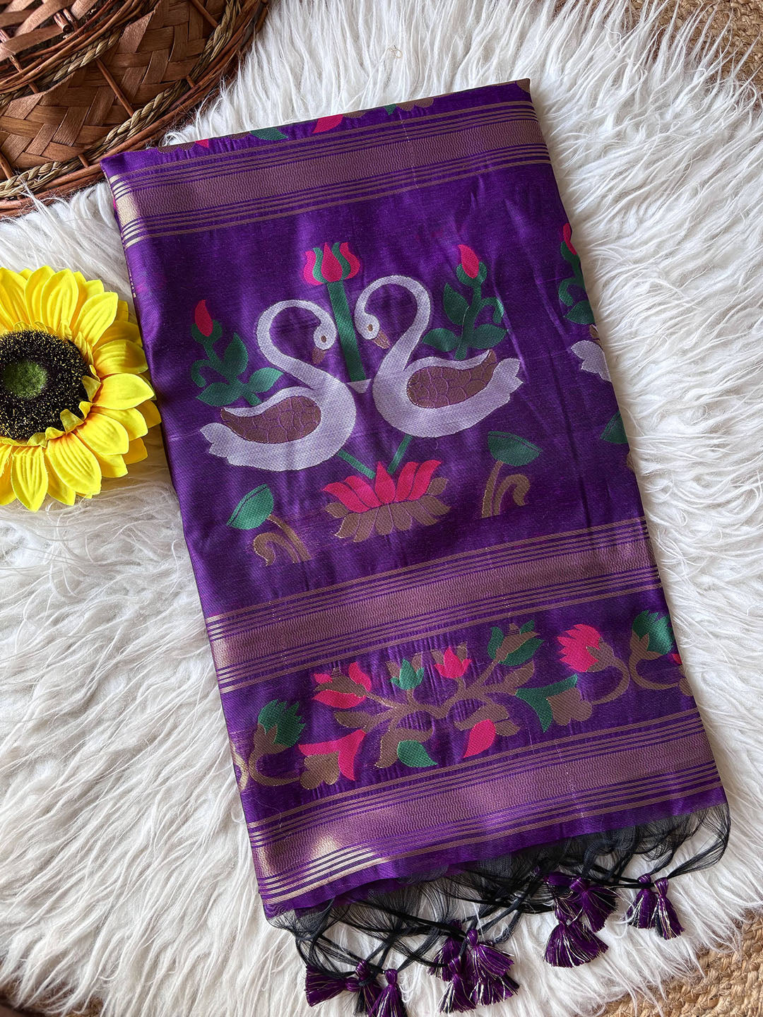 Purple Premium Soft Muga Cotton Swan Pattern Saree