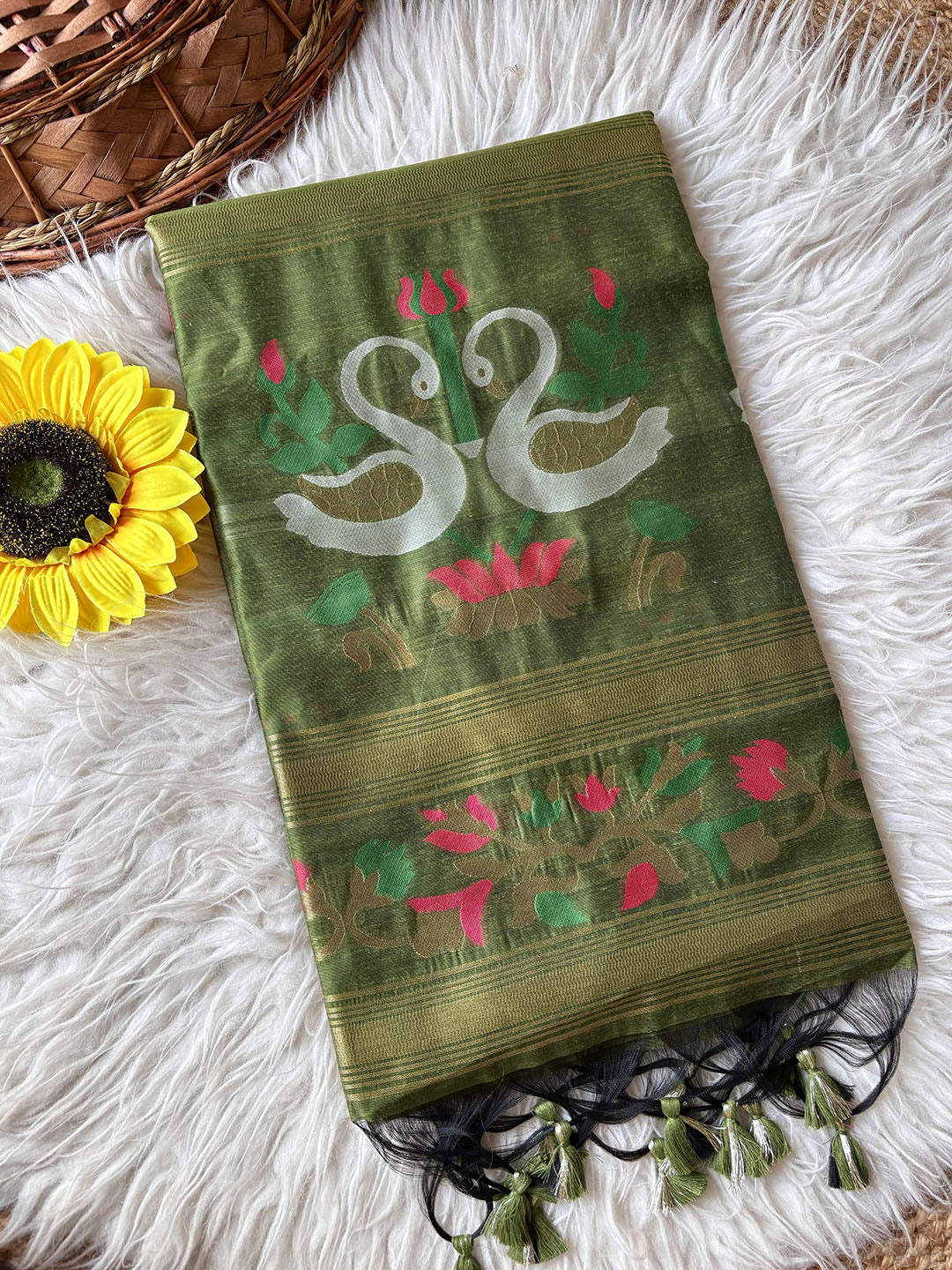 Mehendi Green Premium Soft Muga Cotton Swan Pattern Saree