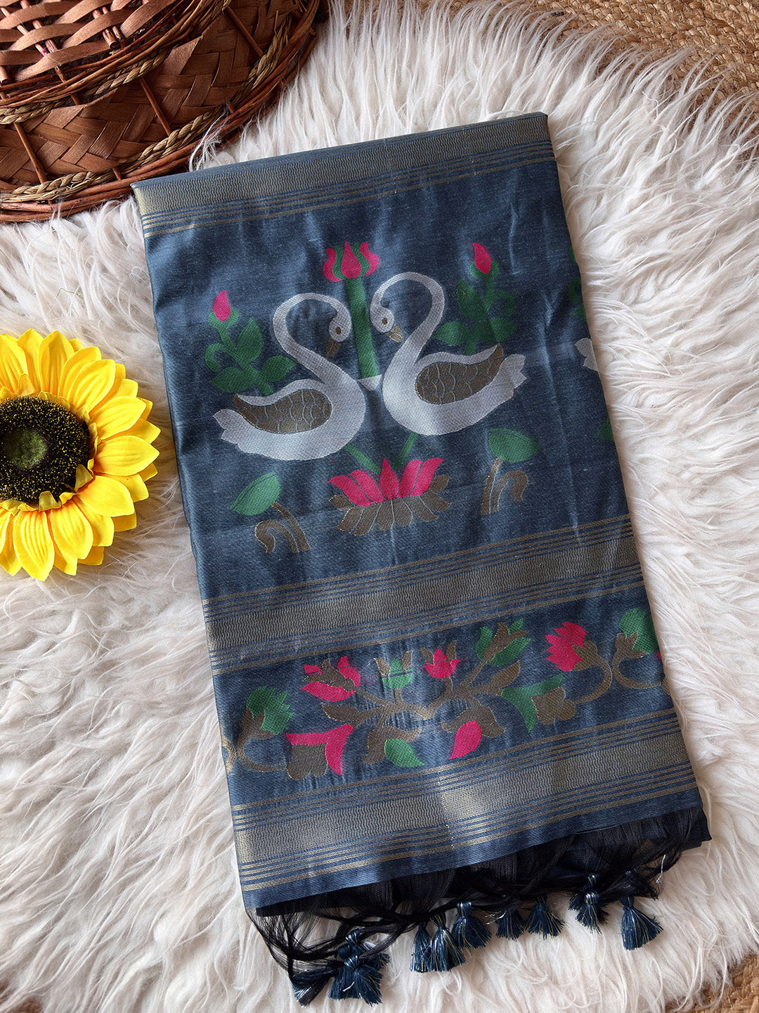 Grey Premium Soft Muga Cotton Swan Pattern Saree