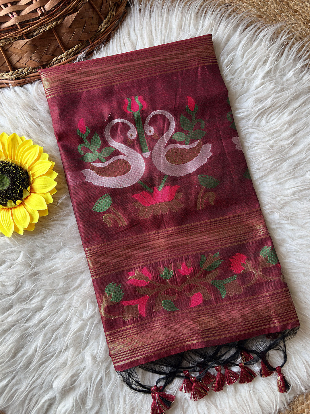 Maroon Premium Soft Muga Cotton Swan Pattern Saree