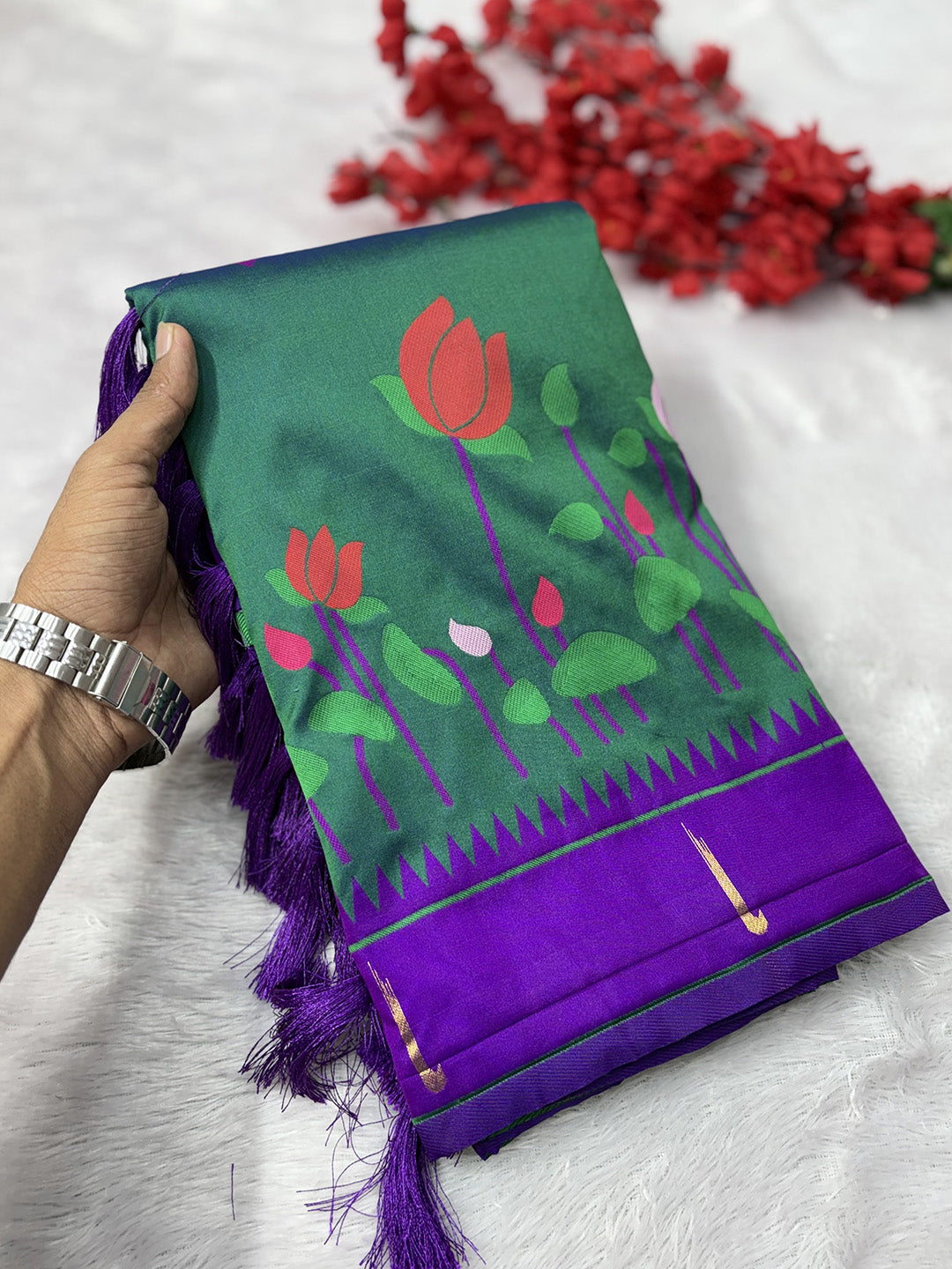 Peacock Blue Soft Paithani Silk Zari Woven Saree with Meenakari Lotus Pattern Saree
