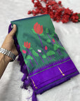 Peacock Blue Soft Paithani Silk Zari Woven Saree with Meenakari Lotus Pattern Saree