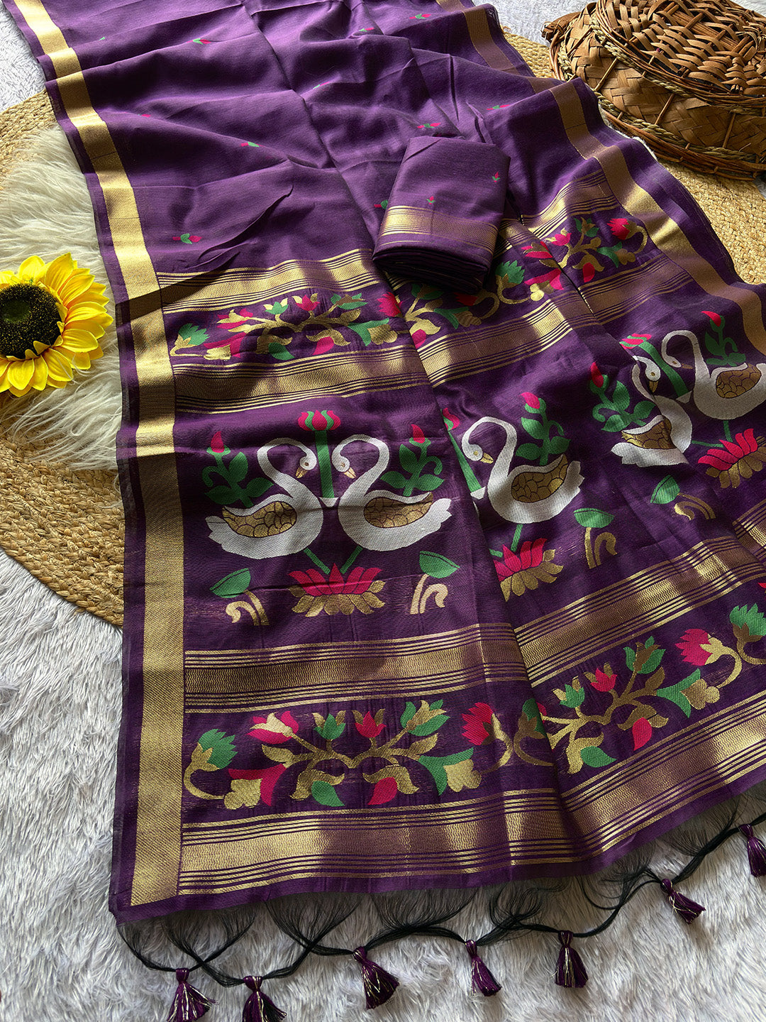 Purple Premium Soft Muga Cotton Swan Pattern Saree