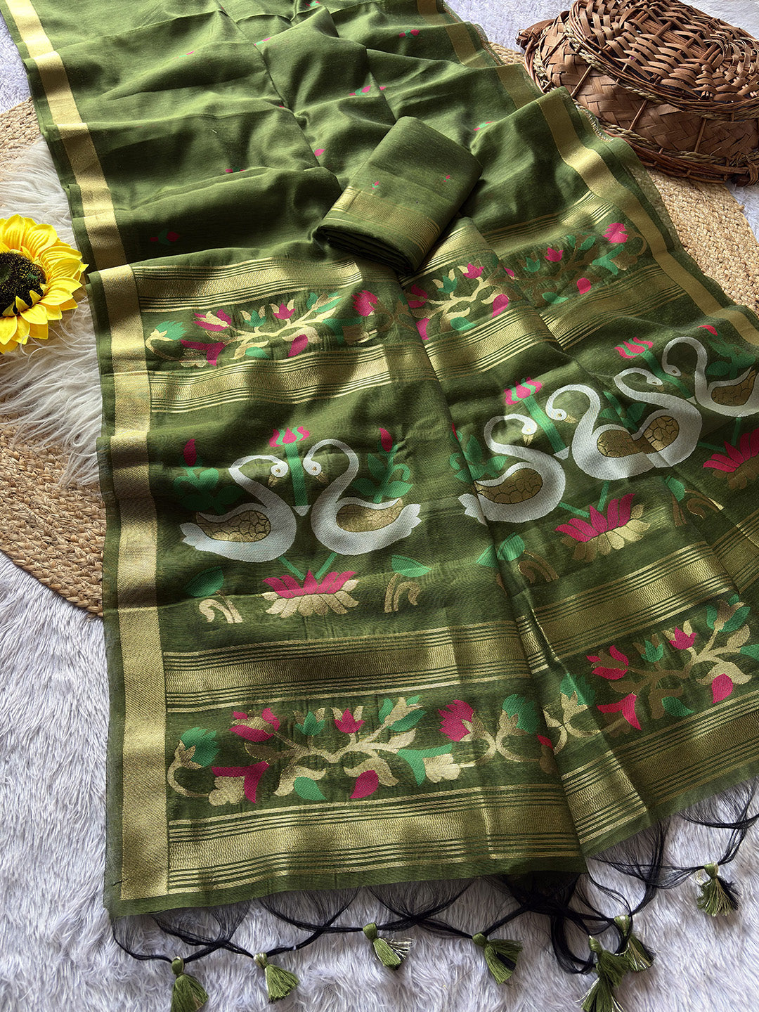 Mehendi Green Premium Soft Muga Cotton Swan Pattern Saree