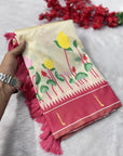 Cream Soft Paithani Silk Zari Woven Saree with Meenakari Lotus Pattern Saree