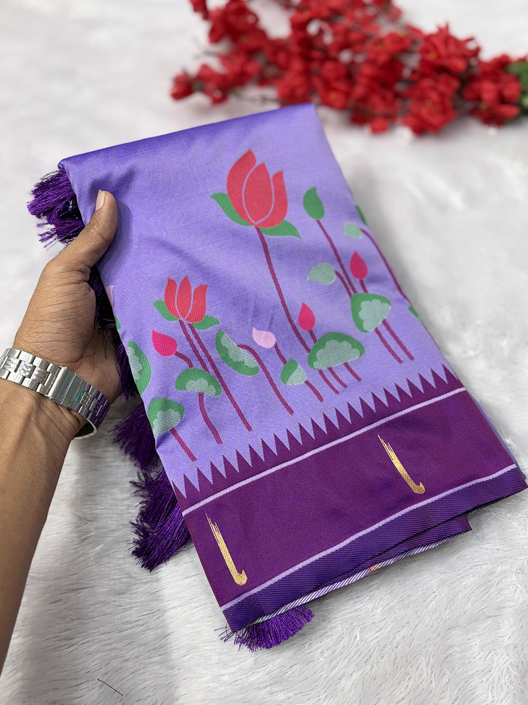Lavender Soft Paithani Silk Zari Woven Saree with Meenakari Lotus Pattern Saree