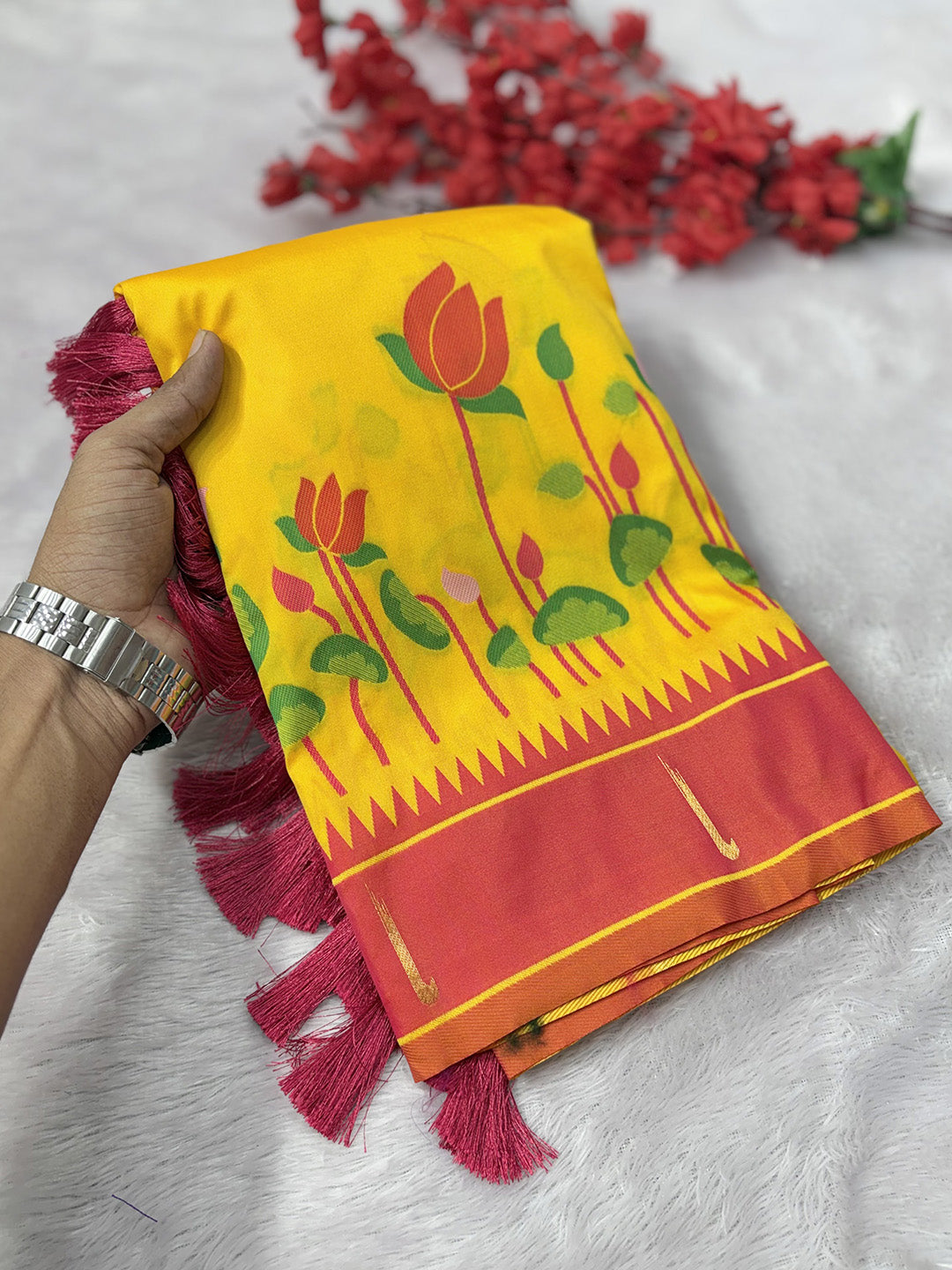 Yellow Soft Paithani Silk Zari Woven Saree with Meenakari Lotus Pattern Saree