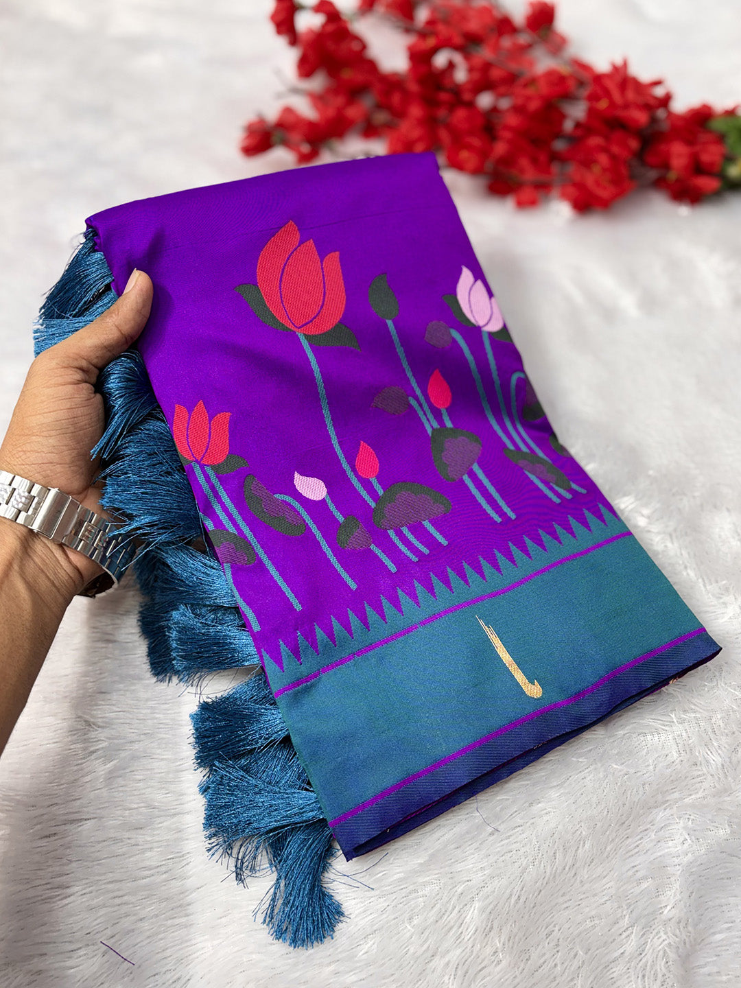 Purple Soft Paithani Silk Zari Woven Saree with Meenakari Lotus Pattern Saree