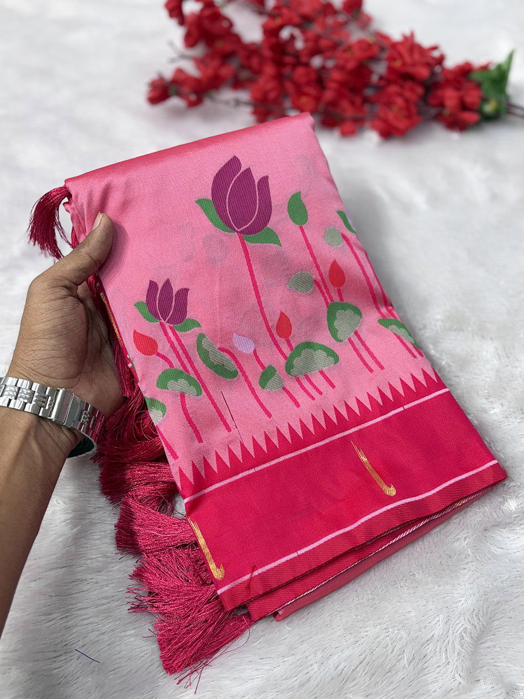 Baby Pink Soft Paithani Silk Zari Woven Saree with Meenakari Lotus Pattern Saree