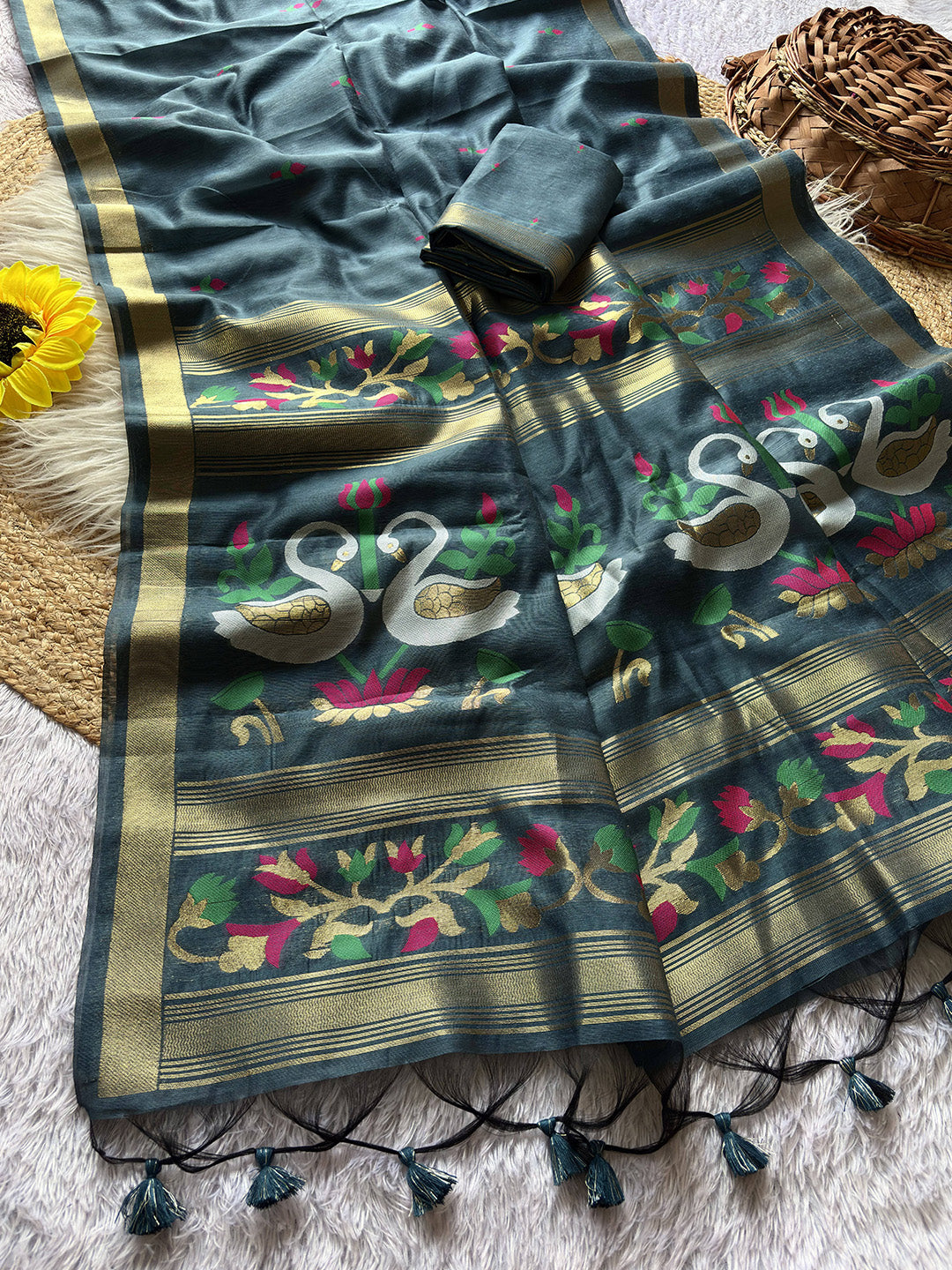 Grey Premium Soft Muga Cotton Swan Pattern Saree