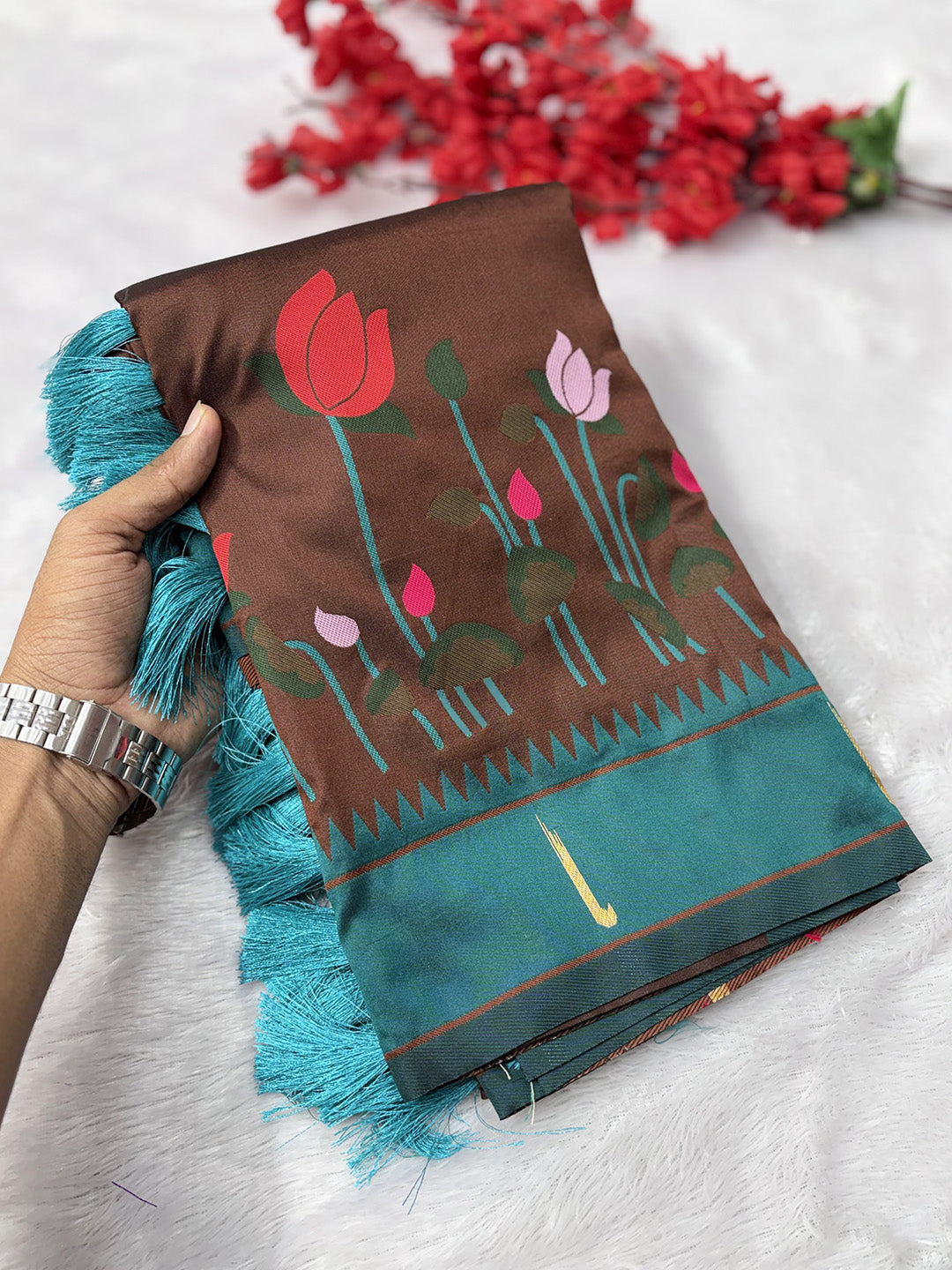 Coffee Soft Paithani Silk Zari Woven Saree with Meenakari Lotus Pattern Saree