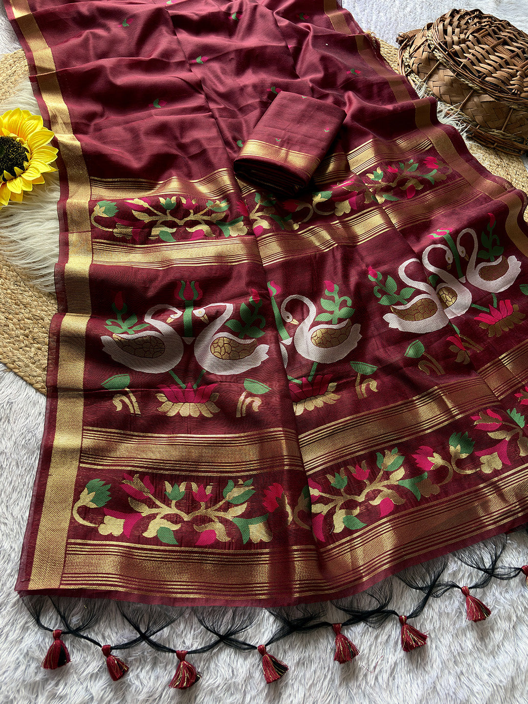 Maroon Premium Soft Muga Cotton Swan Pattern Saree