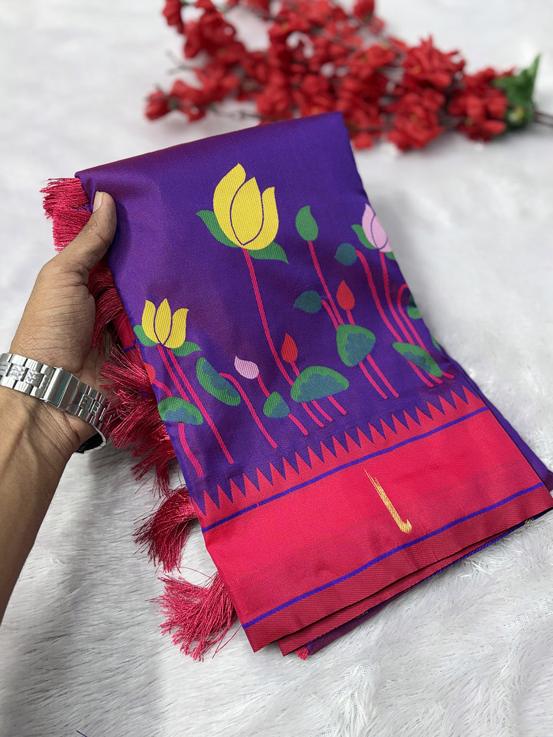 Purple (Red Tone) Soft Paithani Silk Zari Woven Saree with Meenakari Lotus Pattern Saree