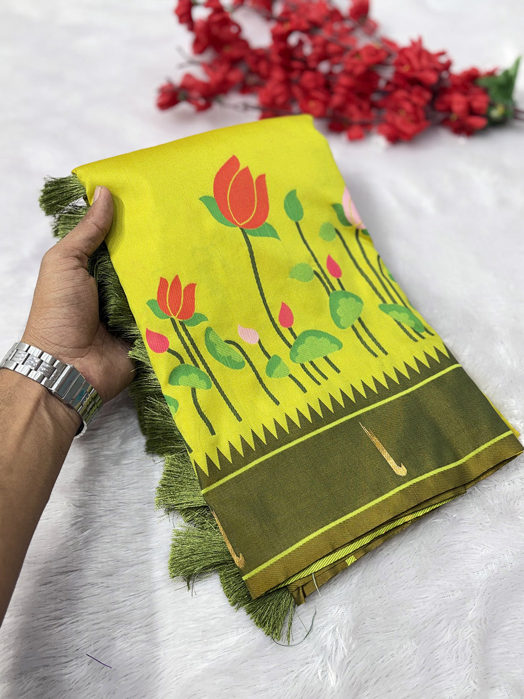 Mehendi Green Soft Paithani Silk Zari Woven Saree with Meenakari Lotus Pattern Saree