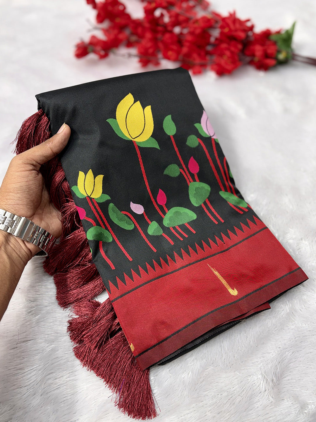 Black Soft Paithani Silk Zari Woven Saree with Meenakari Lotus Pattern Saree
