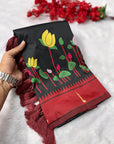 Black Soft Paithani Silk Zari Woven Saree with Meenakari Lotus Pattern Saree