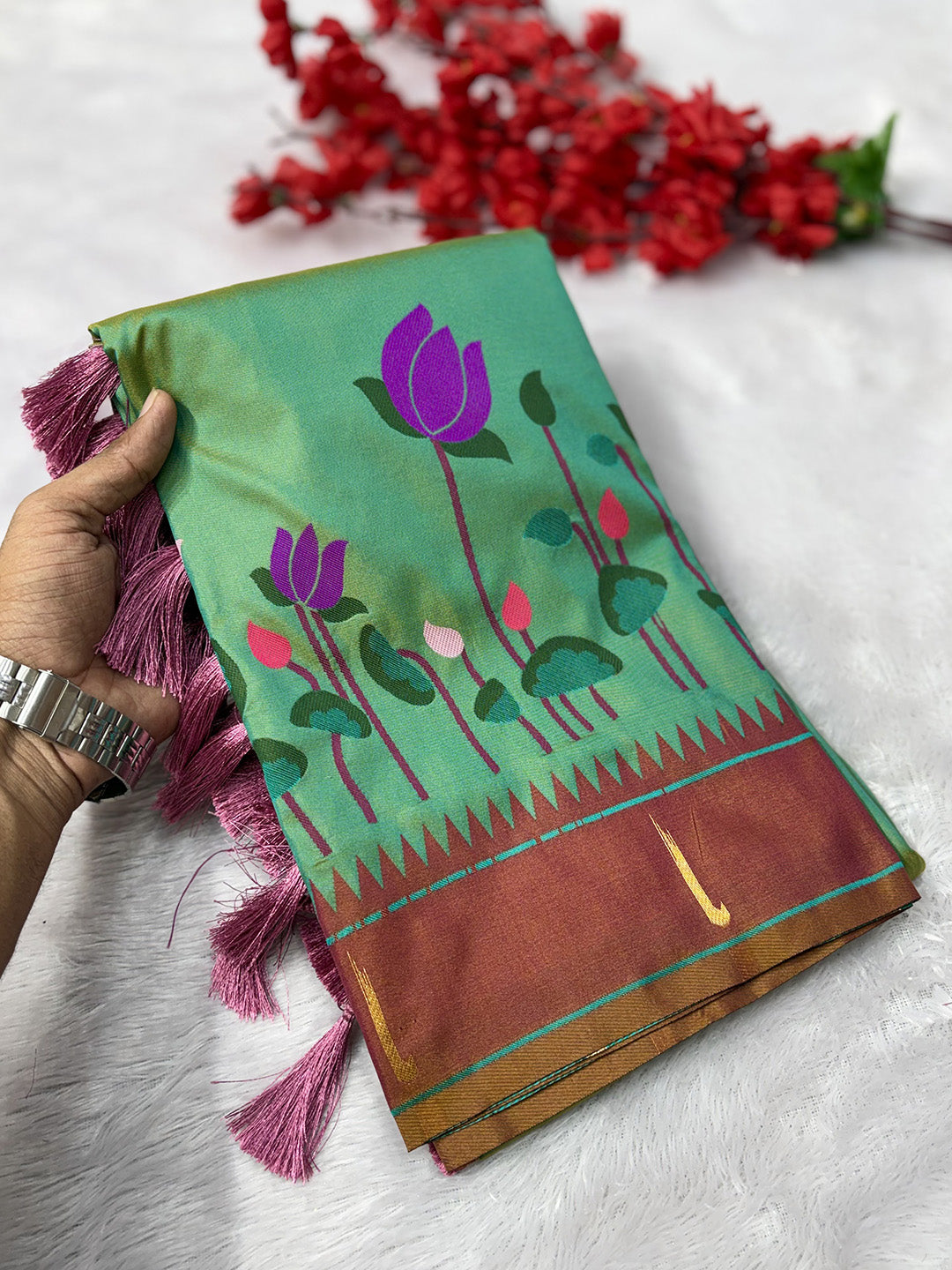 Green Soft Paithani Silk Zari Woven Saree with Meenakari Lotus Pattern Saree