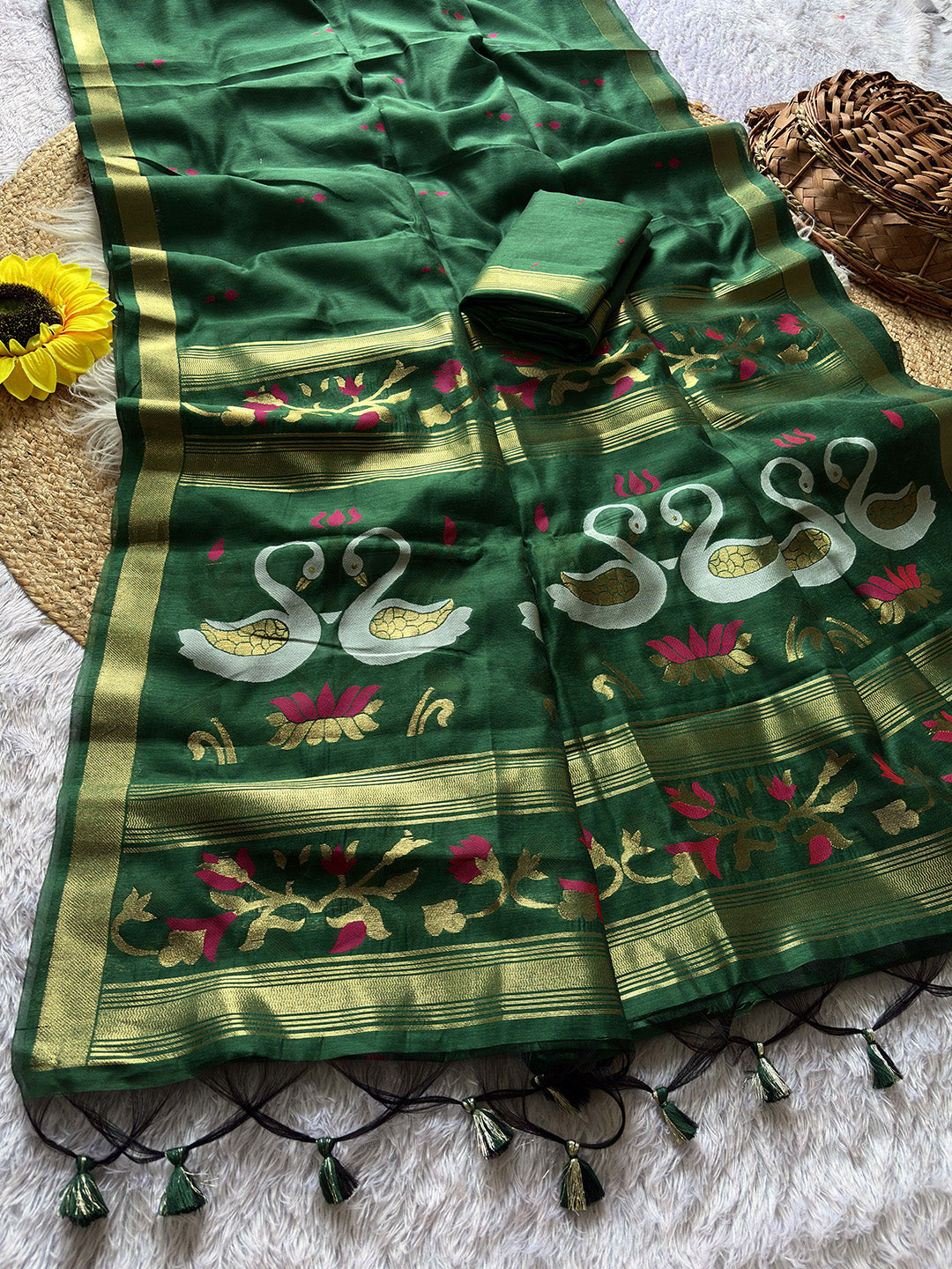 Bottle Green Premium Soft Muga Cotton Swan Pattern Saree