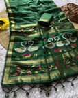 Bottle Green Premium Soft Muga Cotton Swan Pattern Saree