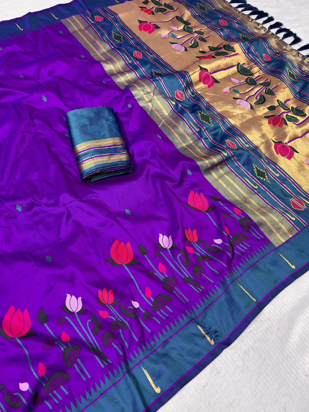 Purple Soft Paithani Silk Zari Woven Saree with Meenakari Lotus Pattern Saree