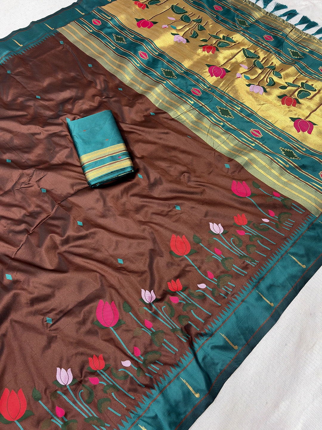 Coffee Soft Paithani Silk Zari Woven Saree with Meenakari Lotus Pattern Saree