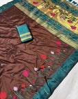 Coffee Soft Paithani Silk Zari Woven Saree with Meenakari Lotus Pattern Saree
