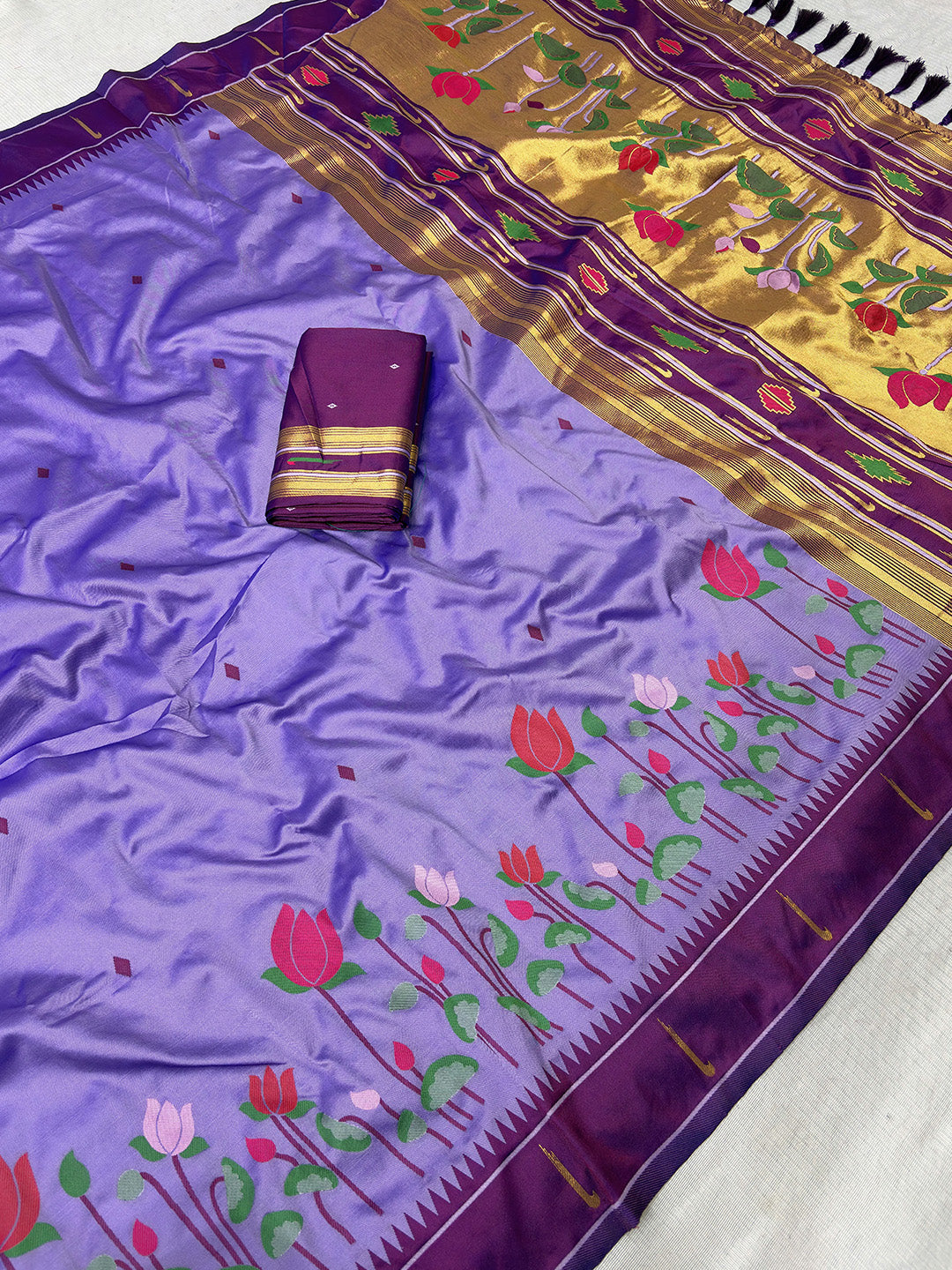 Lavender Soft Paithani Silk Zari Woven Saree with Meenakari Lotus Pattern Saree