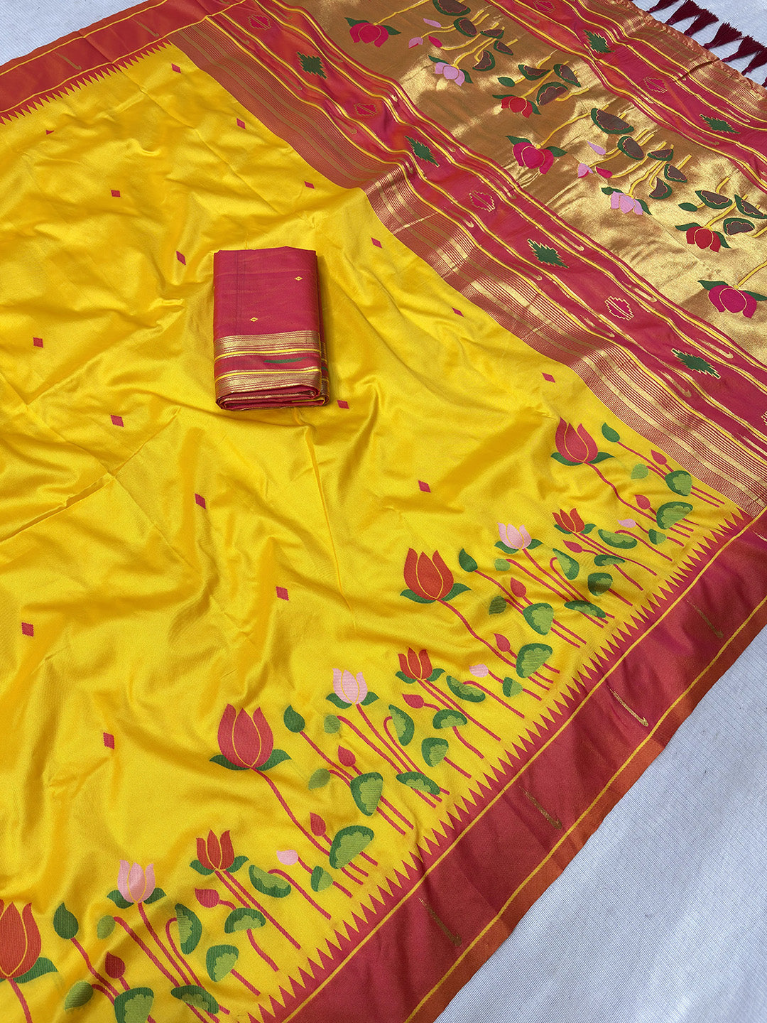 Yellow Soft Paithani Silk Zari Woven Saree with Meenakari Lotus Pattern Saree