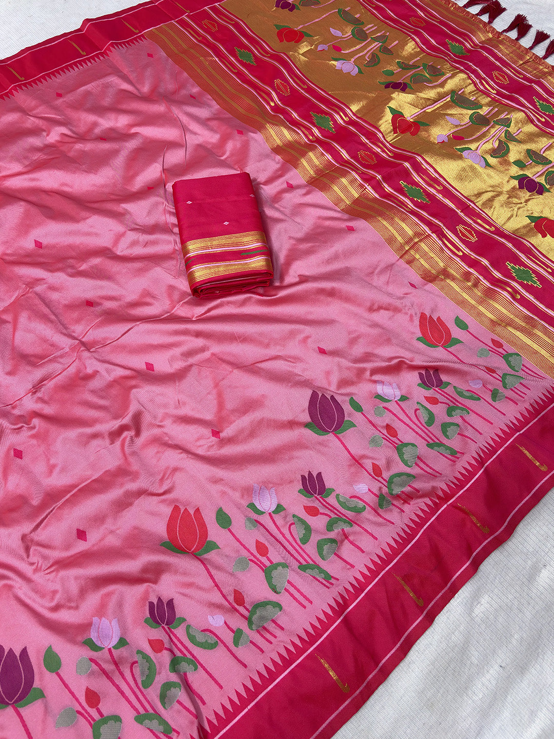 Baby Pink Soft Paithani Silk Zari Woven Saree with Meenakari Lotus Pattern Saree