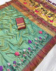 Green Soft Paithani Silk Zari Woven Saree with Meenakari Lotus Pattern Saree