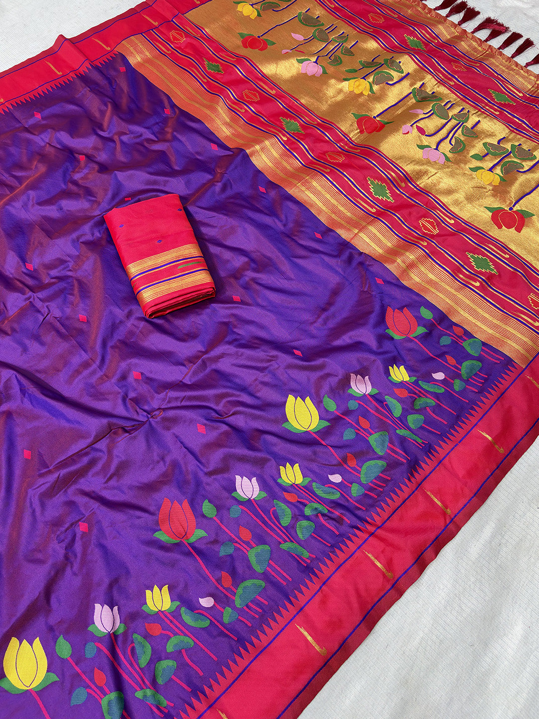 Purple (Red Tone) Soft Paithani Silk Zari Woven Saree with Meenakari Lotus Pattern Saree