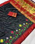 Black Soft Paithani Silk Zari Woven Saree with Meenakari Lotus Pattern Saree