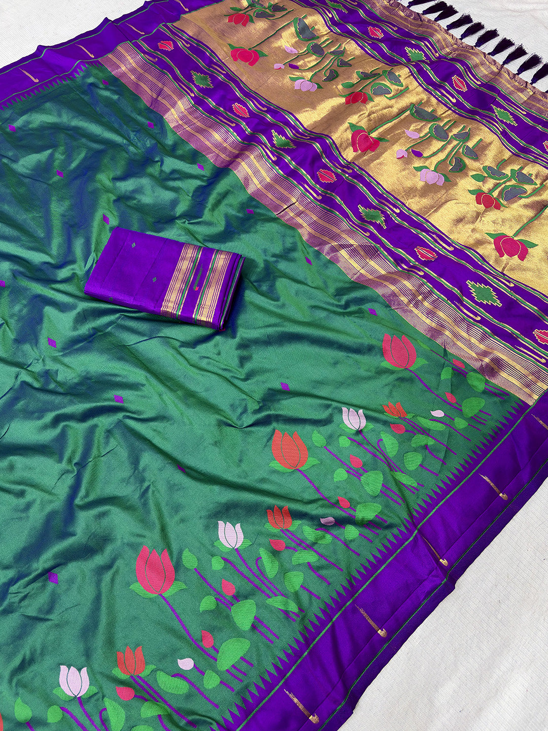 Peacock Blue Soft Paithani Silk Zari Woven Saree with Meenakari Lotus Pattern Saree