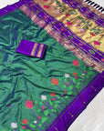 Peacock Blue Soft Paithani Silk Zari Woven Saree with Meenakari Lotus Pattern Saree