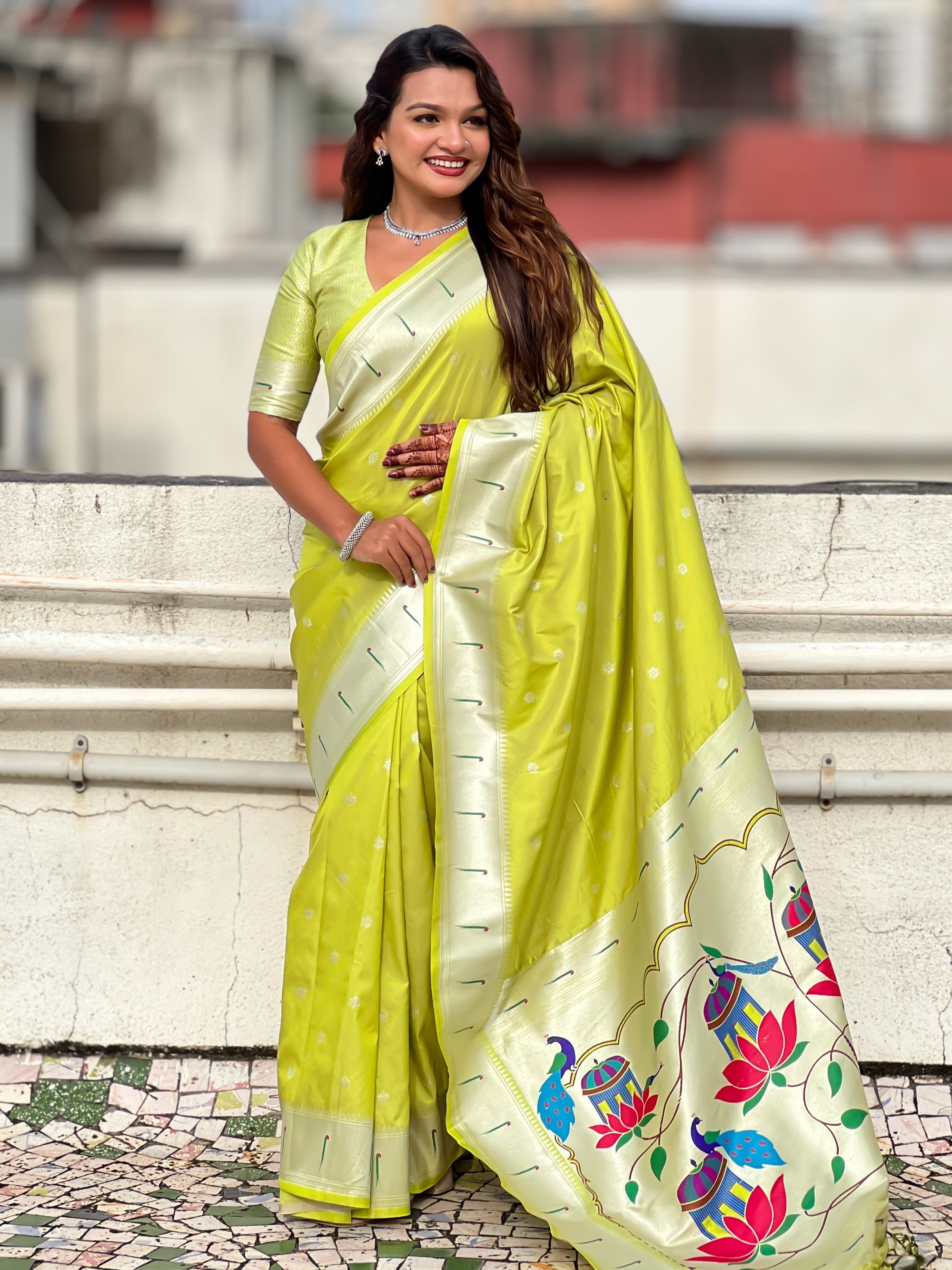 Green Paithani Silk Zari Woven Saree with Lotus Peacock Pallu