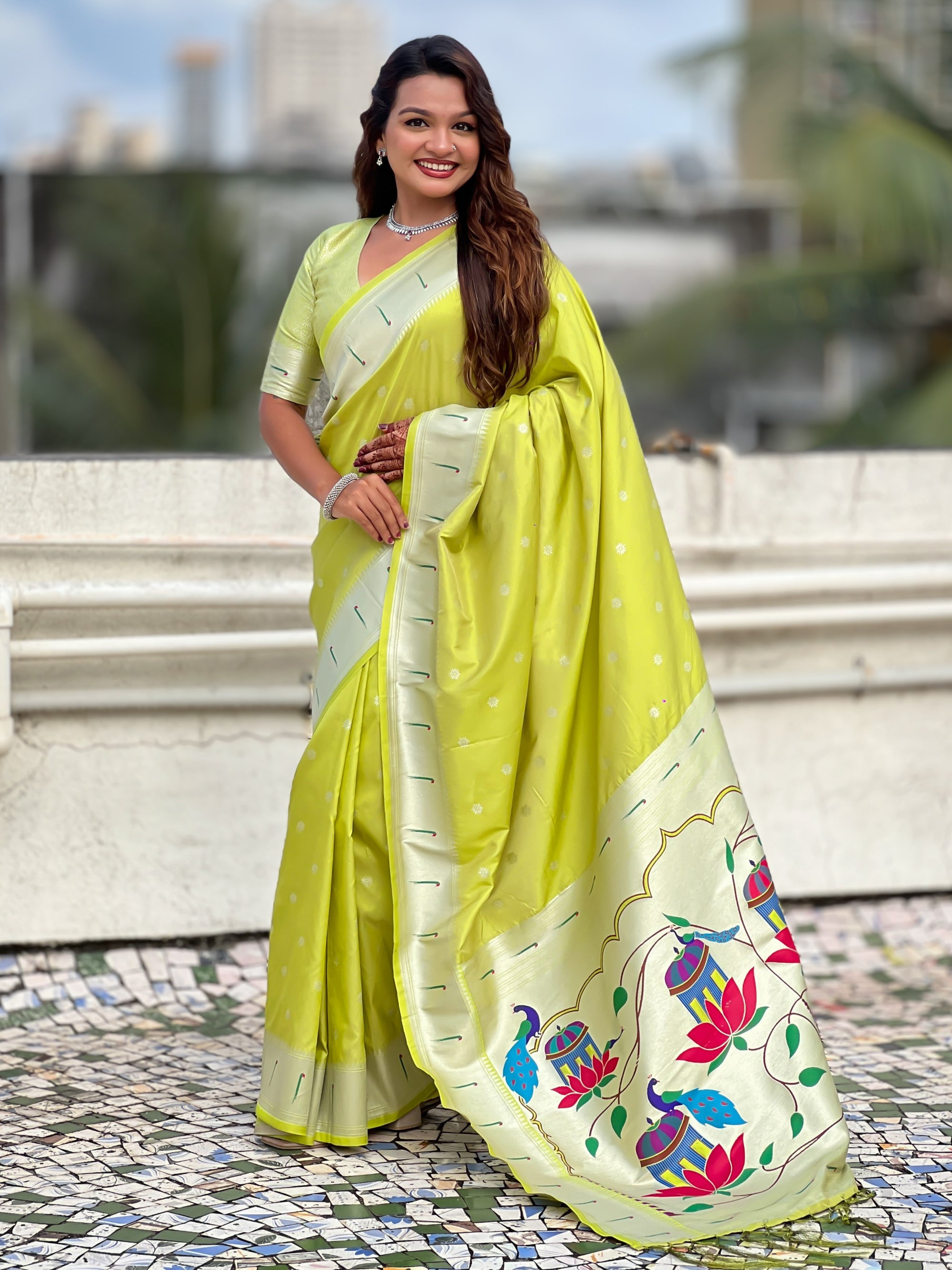 Green Paithani Silk Zari Woven Saree with Lotus Peacock Pallu