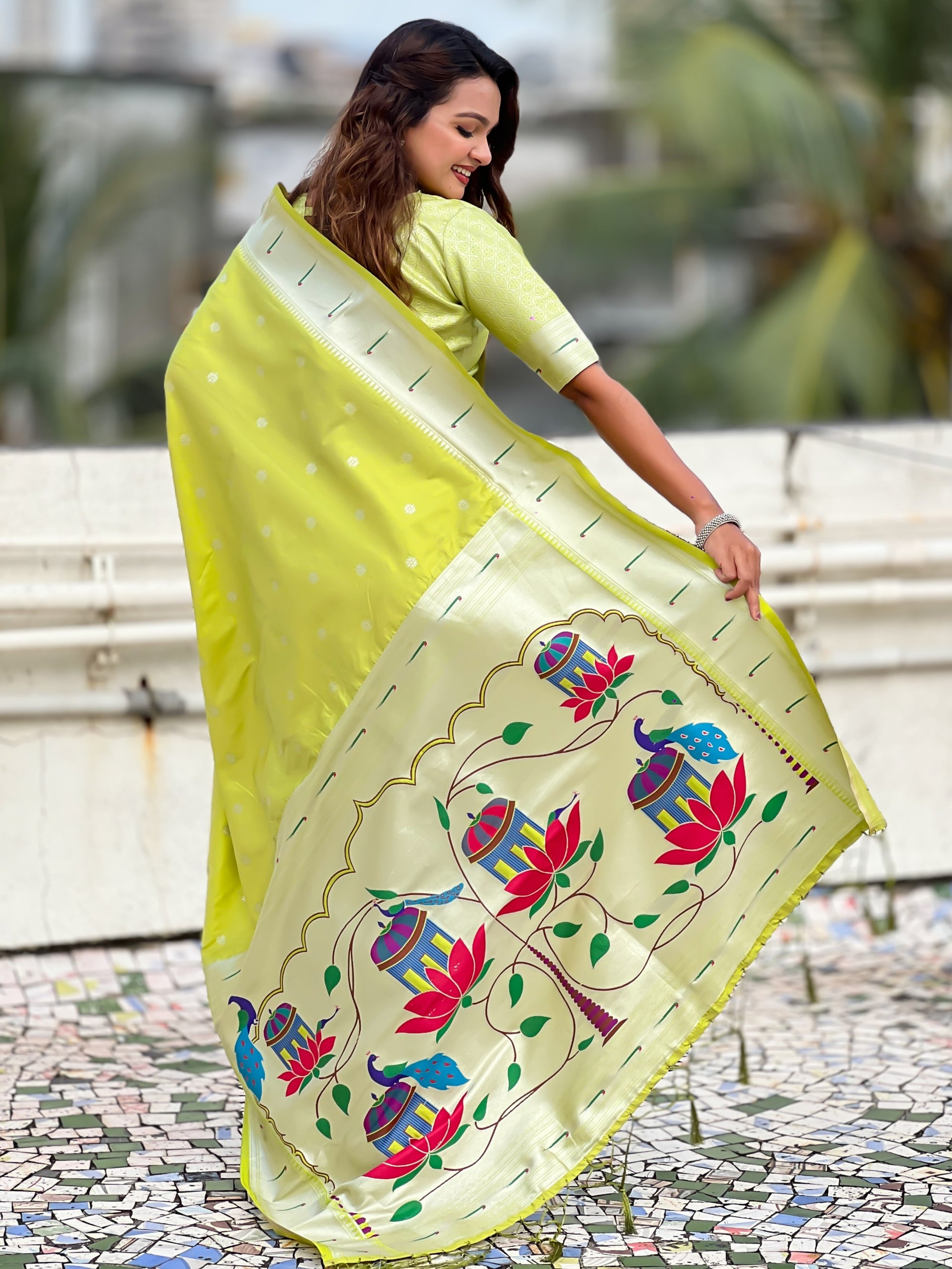 Green Paithani Silk Zari Woven Saree with Lotus Peacock Pallu