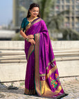 Purple Vitthal Rukmini Contrast Paithani Silk Zari Woven Saree