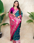 Peacock Blue Banarasi Silk Zari Woven Floral Jaal with Butterfly Saree