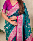 Peacock Blue Banarasi Silk Zari Woven Floral Jaal with Butterfly Saree