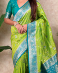 Parrot Green Banarasi Silk Zari Woven Floral Jaal with Butterfly Saree