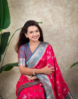 Rani Pink Banarasi Silk Zari Woven Floral Jaal with Butterfly Saree