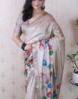 Cream Tussar Silk Floral Jaal Printed Saree with Zari Border
