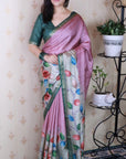 Baby Pink Tussar Silk Floral Jaal Printed Saree with Zari Border