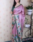 Baby Pink Tussar Silk Floral Jaal Printed Saree with Zari Border