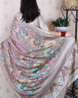 Brown Soft Tussar Silk with Floral & Birds Printed and Zari Border Saree