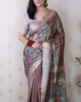 Brown Soft Tussar Silk with Floral & Birds Printed and Zari Border Saree