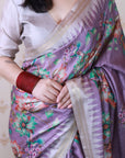 Lavender Soft Tussar Silk with Floral & Birds Printed and Zari Border Saree