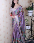 Lavender Soft Tussar Silk with Floral & Birds Printed and Zari Border Saree